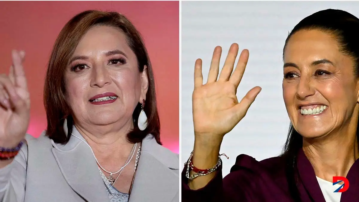 Xochitl Galvez, candidata de Fuerza y Coraz&oacute;n por M&eacute;xico, y Claudia Sheinbaum, la aspirante del partido oficialista a las elecciones presidenciales. Foto: Ulises Ruiz y Alfredo Estrella / AFP.