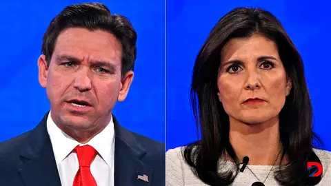 El gobernador de Florida, Ron DeSantis, y la exembajadora ante Naciones Unidas, Nikki Haley, criticaron p&uacute;blicamente a Donald Trump por primera vez. Foto: Jim Watson / AFP.