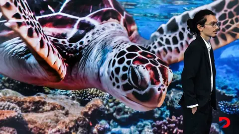 Un hombre espera frente a una imagen de una tortuga en el oc&eacute;ano, durante la apertura del foro &ldquo;Immerced in change&rdquo;, en San Jos&eacute;. Foto: Ezequiel Becerra / AFP.