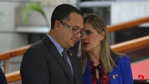 Gerald Campos Ministro de Justicia y Laura Fern&aacute;ndez Ministra de la Presidencia, estuvieron previo al Consejo de Gobierno cambiando criterios en temas  de la cartera de Justicia. Foto S&oacute;crates Colindres