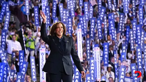La candidata por el Partido Dem&oacute;crata, la vicepresidenta de Estados Unidos, Kamala Harris, acept&oacute; la noche del jueves la nominaci&oacute;n de su agrupaci&oacute;n. Foto: Robyn Beck / AFP.