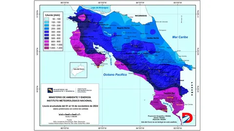 Seg&uacute;nel IMN, debido a los constantes y fuertes aguaceros, este noviembre pasar&aacute; a la historia como el m&aacute;s lluvioso para  Guanacaste. Ilustraci&oacute;n: IMN.