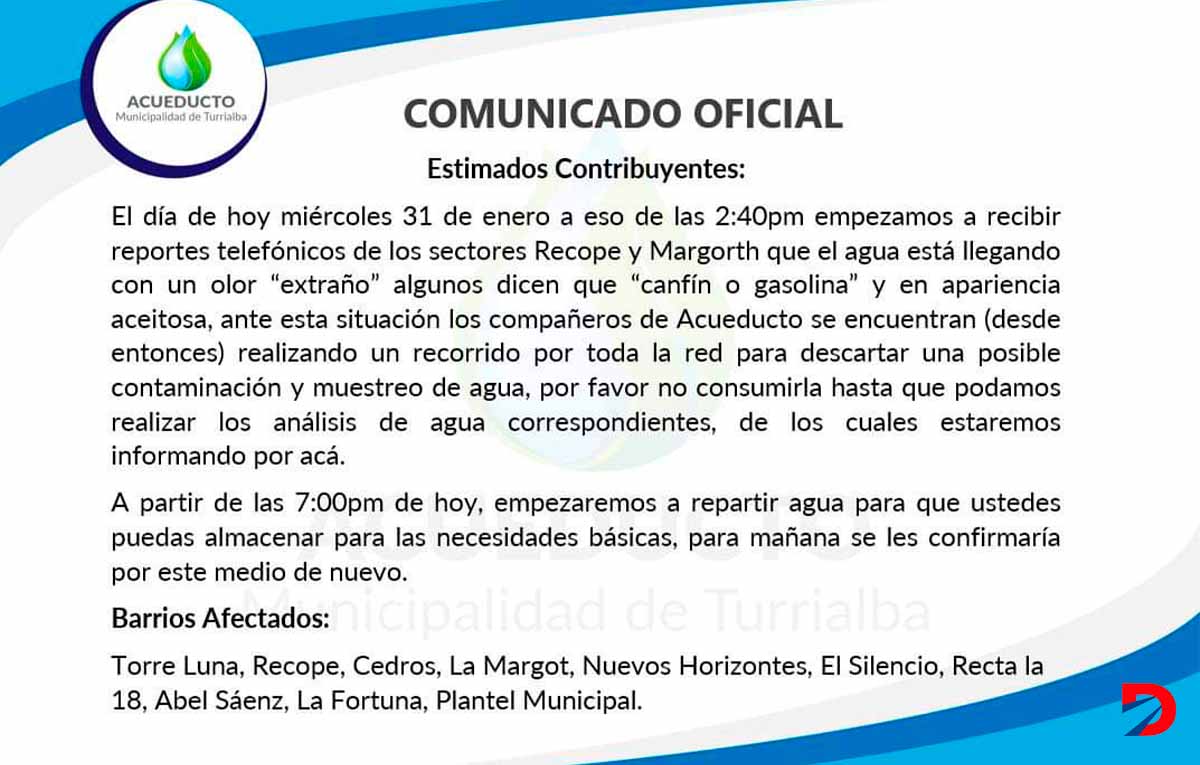 Esta es la comunicación emitida por el Acueducto Municipal de Turrialba, en el que se alerta de la posible contaminación. Imagen: Facebook del Acueducto Municipal de Turrialba.