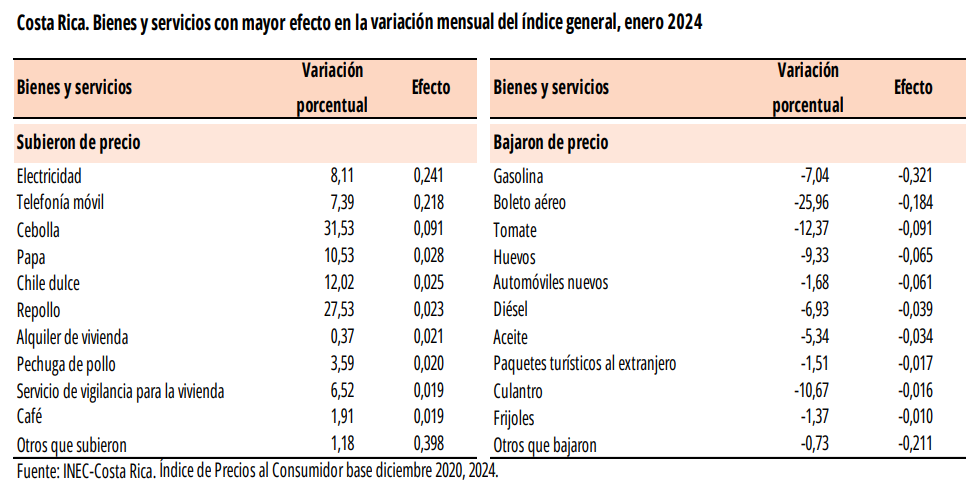 Bienes y servicios que subieron y bajaron sus precios durante enero del 2024. Fuente: INEC.