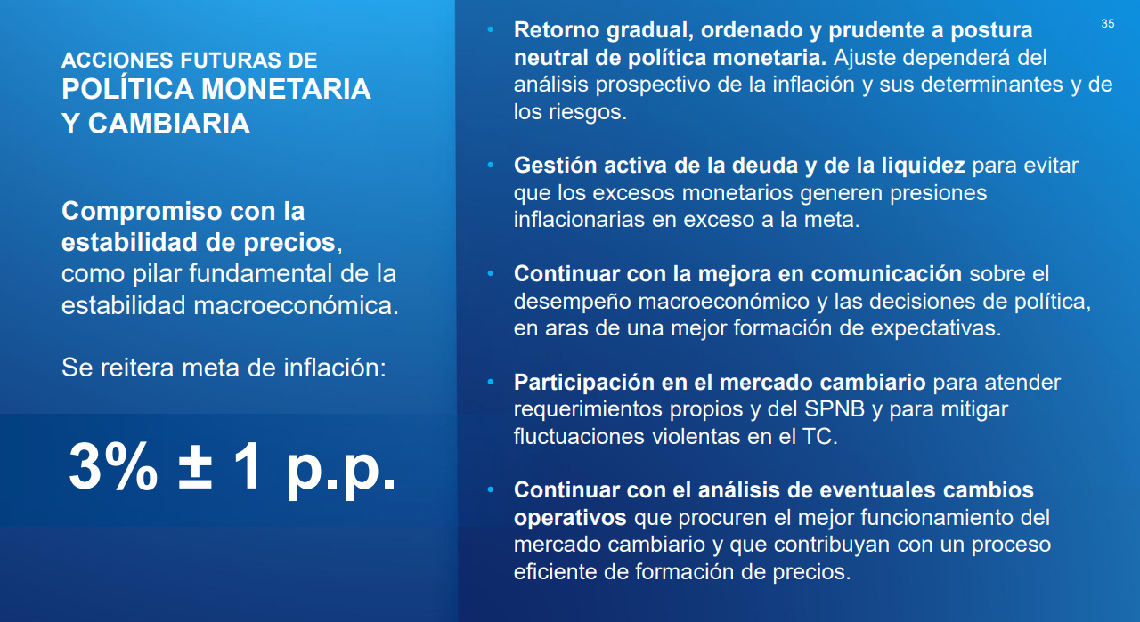 Futuras acciones de Política Monetaria y Cambiaria expuestas en la presentación de Madrigal. Fuente: BCCR.