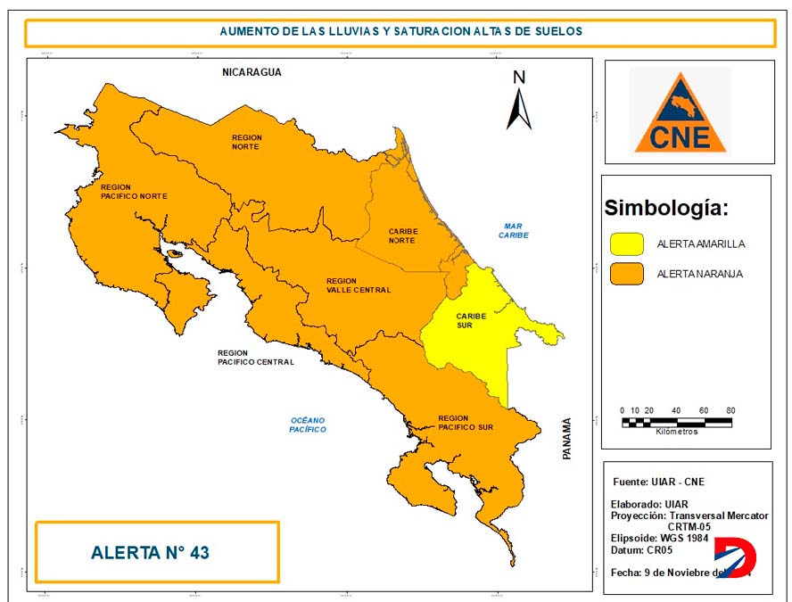 Mapa de alerta naranja del 9-11-2024 a las 4pm
